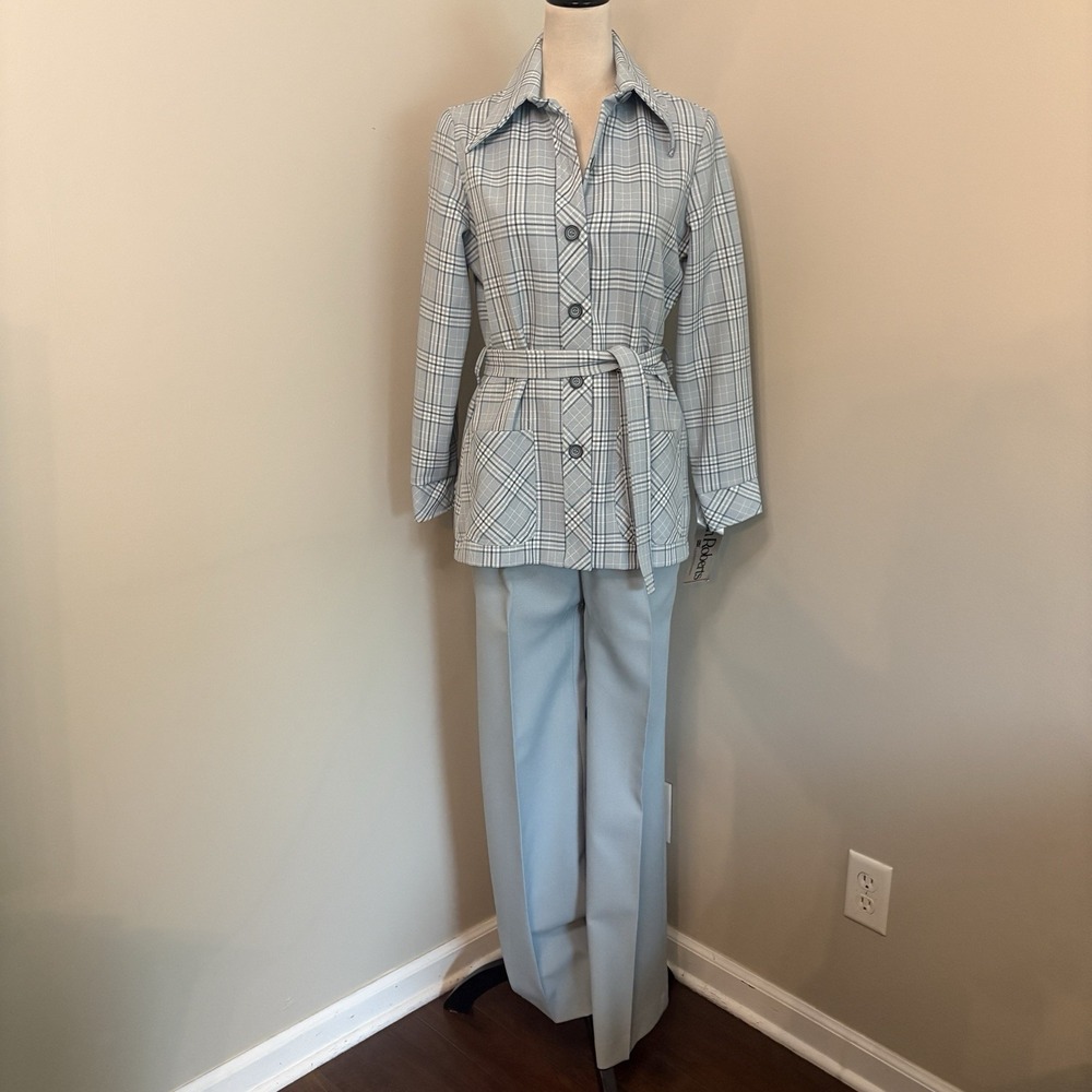 VTG 70s Plaid Leisure Suit NWT Alison Roberts Belted Blazer Pant Set Blue M 12